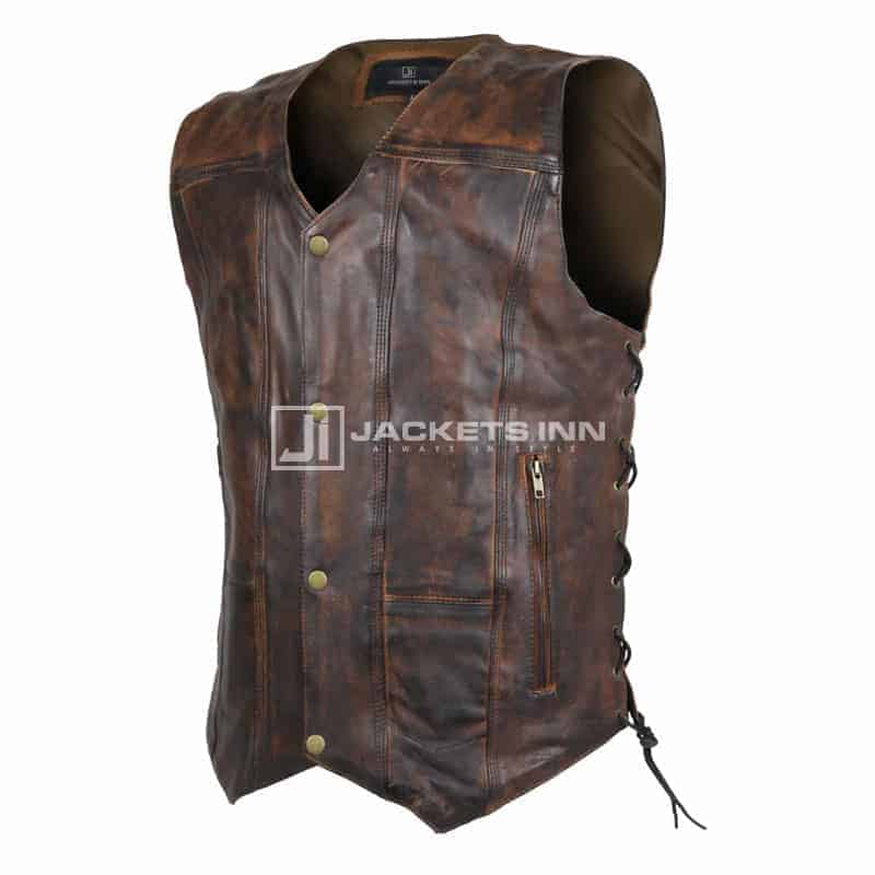 Pure Leather Style Distressed Brown Vest For Men’s
