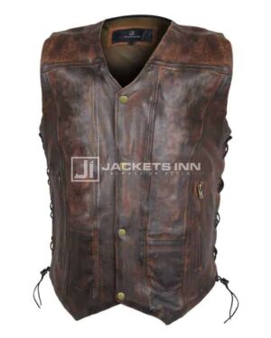 Pure Leather Style Distressed Brown Vest For Men’s
