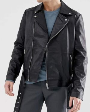 Pure Leather Zipped Biker jacket with Belt