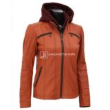 Removable Hooded Pale Tone Of Brown Color Leather jacket For Women