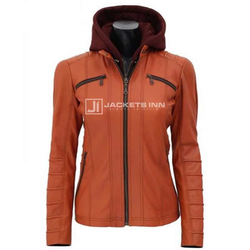 Removable Hooded Pale Tone Of Brown Color Leather jacket For Women