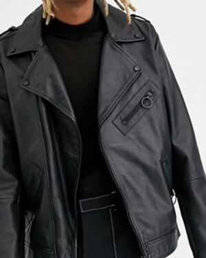 Ring Detail Black Leather jacket