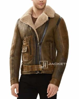Smashing Trendy Shearling Waxed Brown Leather Fabric jacket For Mens
