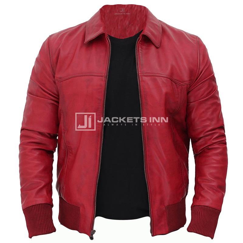 Steven Red Leather Bomber jacket Mens