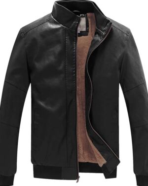 WenVen Men’s Stand Collar Fleece Lined Bomber Faux Leather jacket