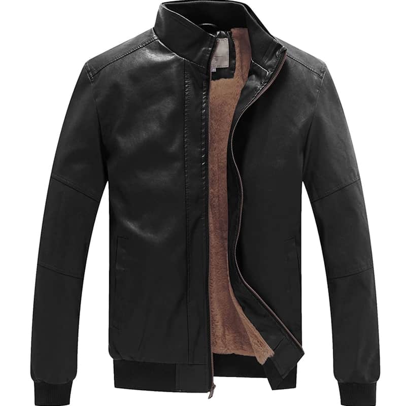 WenVen Men’s Stand Collar Fleece Lined Bomber Faux Leather jacket