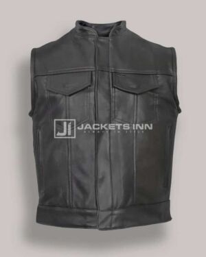 Western Style Black Leather Fabric Vest For Men’s
