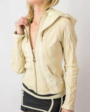 White Soft Cut Leather Fabric jacket For Women