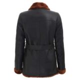 Womens Black Double Breasted 3 4 Length Shearling Leather Coat