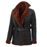 Womens Black Double Breasted 3 4 Length Shearling Leather Coat