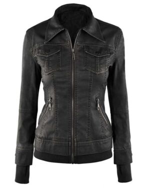 Womens Black Fitted Bomber Leather jacket With Hood