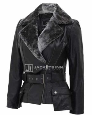 Womens Black Shearling Asymmetrical Design Leather jacket