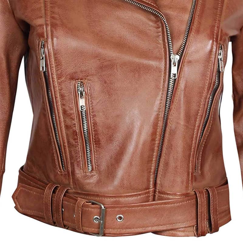 Womens Brown Asymmetrical Leather Motorcycle jacket With Belted Waist