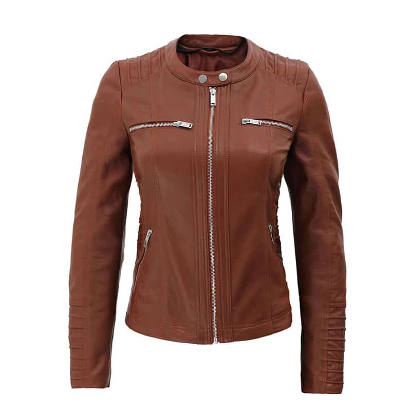 Womens Brown Cafe Racer Leather jacket With Removable Hood
