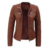 Womens Brown Cafe Racer Leather jacket With Removable Hood