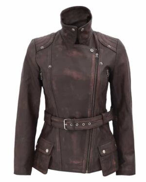 Womens Four Pocket Asymmetrical Distressed Brown Leather Biker jacket