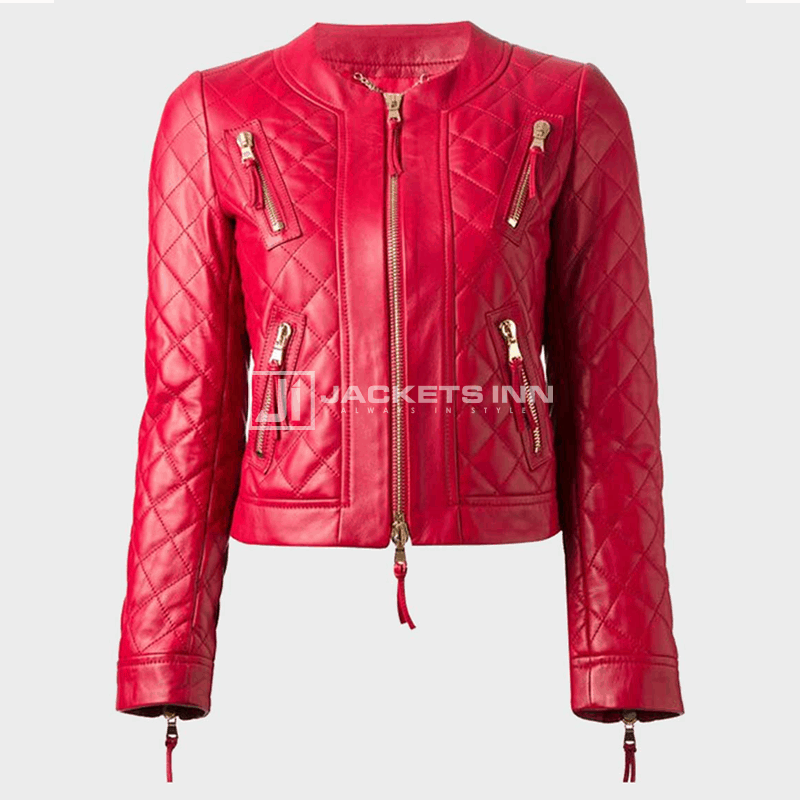 Womens Quilted Red Leather jacket