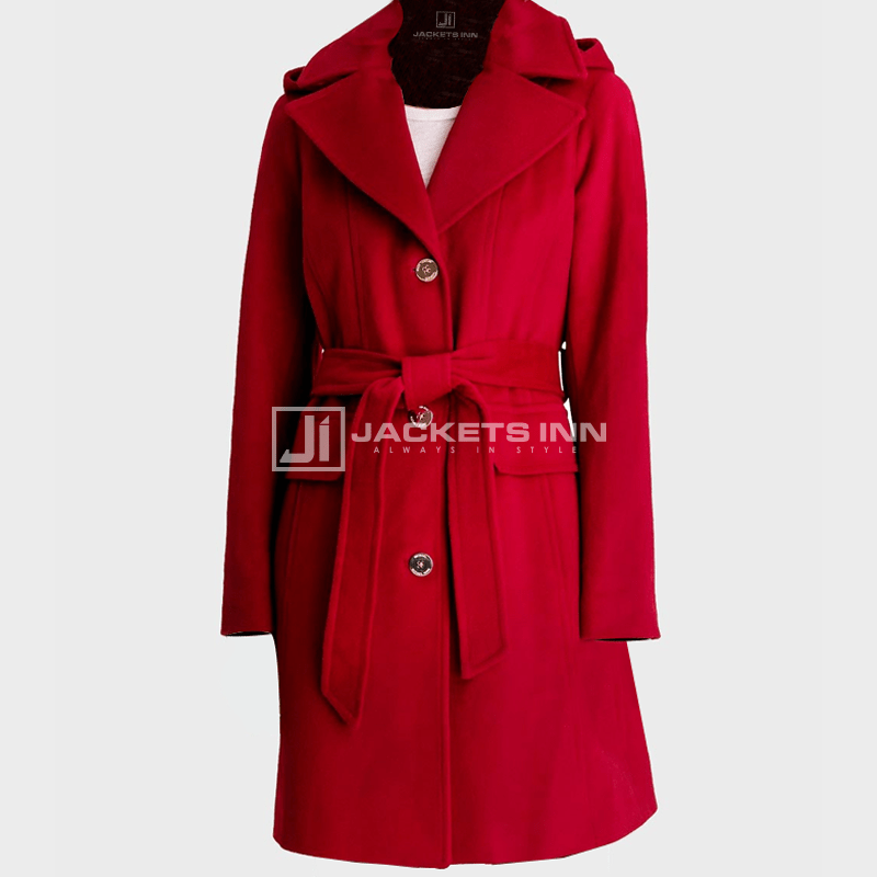Womens Red Belted Hooded Coat