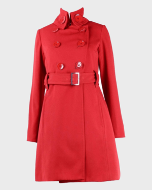 Womens Red Belted Mid-Length Coat