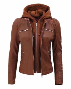 Womens Slim Fit Brown Hooded Leather jacket
