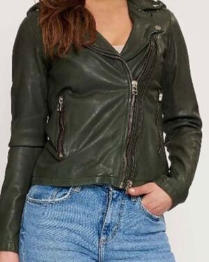 Women’s green biker leather jacket