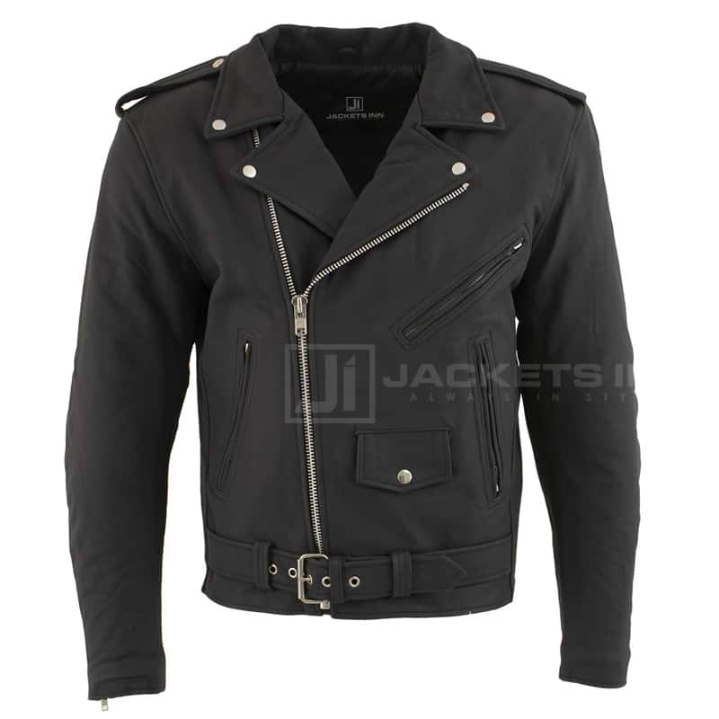 Eazy Men’s Flat Black Leather Biker jacket with Protective X-Armor