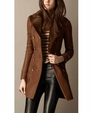 Glamorous Brown Leather Long Trench Coat For Women